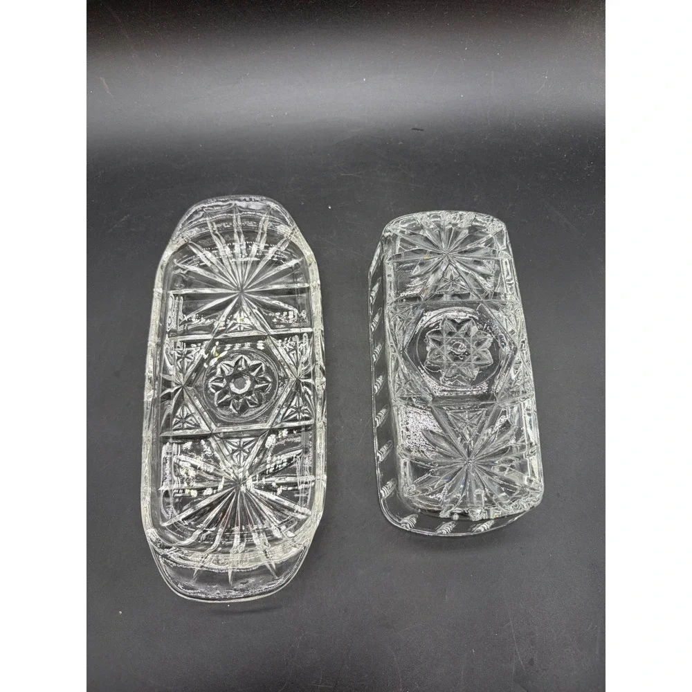 Vintage Clear Pressed Glass Butter Dish with Lid Starburst Pattern Rectangular